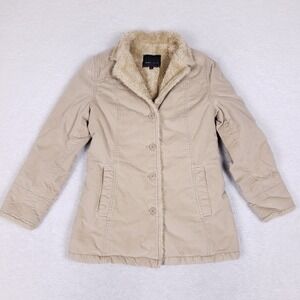 Bossini Ladies Sherpa Lined Button Coat‎ XS Beige Faux Fur Winter Jacket